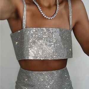 White Fox Boutique Silver Sparkly Crop Top - XS/S